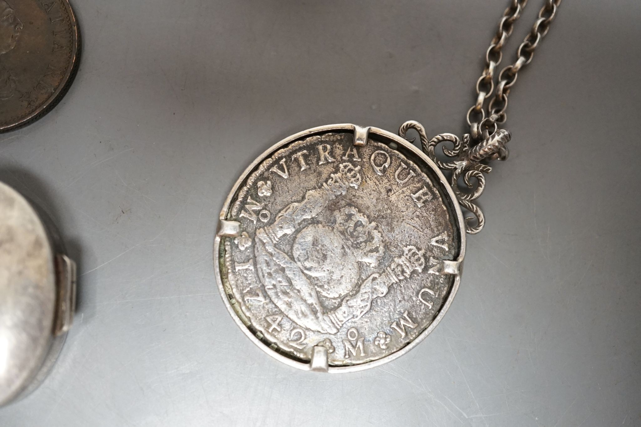 A Philip V 8 Reale coin pendant mounted, assorted 18th century and later coinage, faux tortoiseshell watch case and sundries